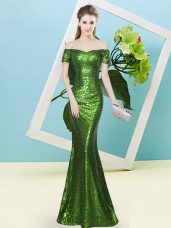 Short Sleeves Zipper Floor Length Sequins Prom Gown