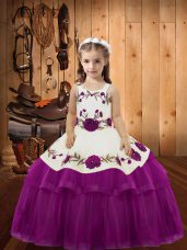Fuchsia Lace Up Little Girls Pageant Dress Embroidery and Ruffled Layers Sleeveless Floor Length