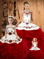 Ideal Wine Red Lace Up Sweet 16 Dresses Embroidery and Ruffles Sleeveless Floor Length
