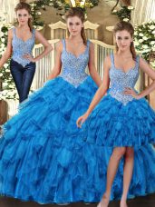 Teal Sweet 16 Dresses Military Ball and Sweet 16 and Quinceanera with Beading and Ruffles Straps Sleeveless Lace Up