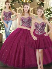 Romantic Sleeveless Floor Length Beading Lace Up Quince Ball Gowns with Fuchsia