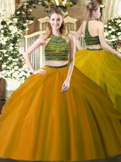 Sumptuous Brown Zipper Quinceanera Gowns Beading Sleeveless Floor Length