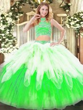 High-neck Sleeveless Vestidos de Quinceanera Floor Length Beading and Ruffles Multi-color Tulle