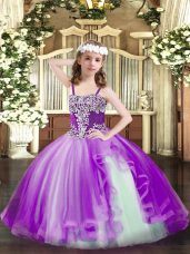 Purple Ball Gowns Tulle Straps Sleeveless Appliques Floor Length Lace Up Party Dress for Toddlers