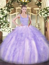 Trendy Lavender Straps Zipper Beading and Ruffles Quince Ball Gowns Sleeveless