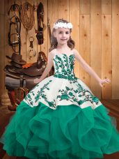 Affordable Straps Sleeveless Kids Formal Wear Embroidery and Ruffles Turquoise Organza