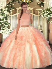 Elegant Orange Red Backless Quinceanera Gowns Beading and Ruffles Sleeveless Floor Length