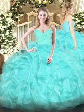 Floor Length Zipper Sweet 16 Quinceanera Dress Aqua Blue for Military Ball and Sweet 16 and Quinceanera with Ruffles