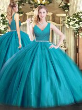 Tulle V-neck Sleeveless Zipper Beading Sweet 16 Dress in Teal