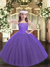 Superior Floor Length Lace Up Kids Formal Wear Purple for Sweet 16 and Quinceanera and Wedding Party with Beading