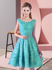 Knee Length Aqua Blue Prom Dresses Lace Sleeveless Belt