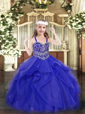 Popular Straps Sleeveless Tulle Evening Gowns Beading and Ruffles Lace Up