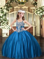 Lovely Blue Lace Up Straps Appliques Pageant Dress Wholesale Satin Sleeveless