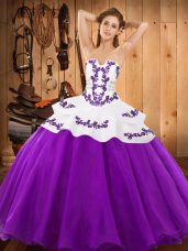 Eggplant Purple Lace Up Strapless Embroidery Quinceanera Dresses Satin and Organza Sleeveless