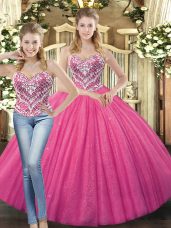 Discount Hot Pink Tulle Lace Up Sweetheart Sleeveless Floor Length Sweet 16 Dress Beading