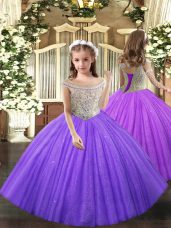 Graceful Lavender Tulle Lace Up Straps Sleeveless Floor Length Juniors Party Dress Beading