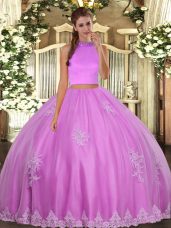 Sweet Lilac Two Pieces Beading and Appliques 15th Birthday Dress Backless Tulle Sleeveless Floor Length
