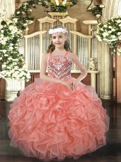 Simple Straps Sleeveless Pageant Dress for Teens Floor Length Beading and Ruffles Orange Red Organza