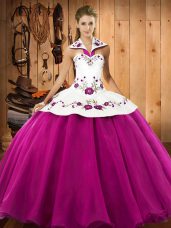 Satin and Tulle Halter Top Sleeveless Lace Up Embroidery Quinceanera Dresses in Fuchsia