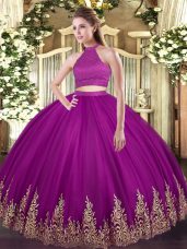 Designer Fuchsia Ball Gowns Beading and Appliques Vestidos de Quinceanera Backless Tulle Sleeveless Floor Length
