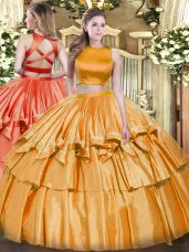 High-neck Sleeveless Criss Cross 15th Birthday Dress Orange Tulle