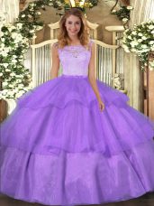 Lavender Ball Gowns Scoop Sleeveless Organza Floor Length Clasp Handle Lace and Ruffled Layers 15th Birthday Dress