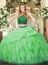 Halter Top Sleeveless Organza Quinceanera Gown Beading and Ruffles Zipper