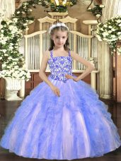 Light Blue Ball Gowns Straps Sleeveless Tulle Floor Length Lace Up Beading and Ruffles Evening Gowns