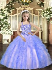 Light Blue Ball Gowns Straps Sleeveless Tulle Floor Length Lace Up Beading and Ruffles Evening Gowns