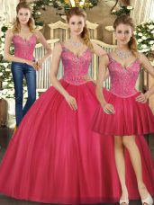 High Class Straps Sleeveless Quinceanera Gown Floor Length Beading Hot Pink Tulle