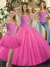 Floor Length Ball Gowns Sleeveless Hot Pink Ball Gown Prom Dress Lace Up