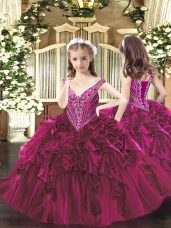 Fuchsia Little Girl Pageant Dress Party and Quinceanera with Beading and Ruffles V-neck Sleeveless Lace Up