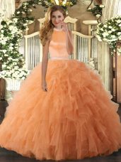 Orange Halter Top Neckline Beading and Ruffles Sweet 16 Dresses Sleeveless Backless