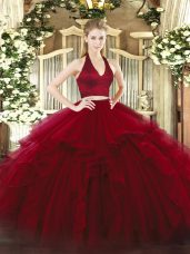 Modern Ruffles Quinceanera Gowns Wine Red Zipper Sleeveless Floor Length