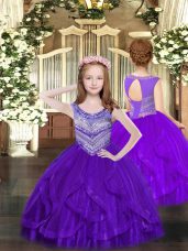 Hot Sale Purple Sleeveless Beading and Ruffles Floor Length Pageant Gowns For Girls