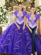 Floor Length Purple Quinceanera Gown Tulle Sleeveless Beading and Ruffles