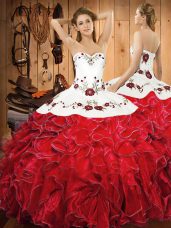Lovely Floor Length White And Red Quinceanera Gown Halter Top Sleeveless Lace Up