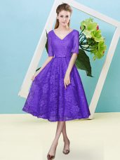 Glorious Half Sleeves Lace Up Tea Length Bowknot Dama Dress for Quinceanera