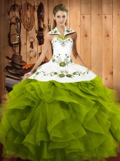 Best Olive Green Tulle Lace Up Halter Top Sleeveless Floor Length Quinceanera Gown Embroidery and Ruffles