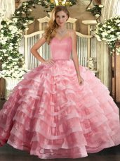 Ruffled Layers Vestidos de Quinceanera Watermelon Red Lace Up Sleeveless Floor Length