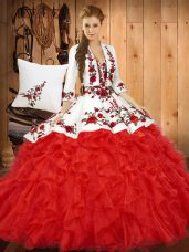 Fancy Red Ball Gowns Sweetheart Sleeveless Tulle Floor Length Lace Up Embroidery and Ruffles Quinceanera Dresses