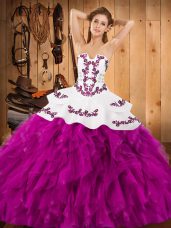Fuchsia Ball Gowns Embroidery and Ruffles 15 Quinceanera Dress Lace Up Satin and Organza Sleeveless Floor Length