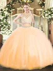 Vintage Sleeveless Floor Length Beading Zipper Quinceanera Gowns with Gold