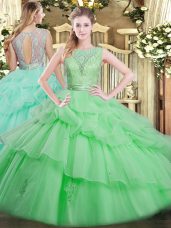 Superior Apple Green Sleeveless Floor Length Beading and Ruffled Layers Backless Vestidos de Quinceanera