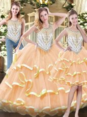 Peach Scoop Neckline Beading and Ruffled Layers 15th Birthday Dress Sleeveless Zipper