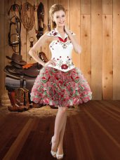 Low Price Multi-color Fabric With Rolling Flowers Lace Up Prom Party Dress Sleeveless Mini Length Embroidery