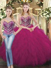 Modest Fuchsia Two Pieces Sweetheart Sleeveless Organza Floor Length Lace Up Beading and Ruffles Sweet 16 Quinceanera Dress
