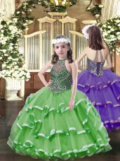 Green Organza Lace Up Halter Top Sleeveless Floor Length Little Girls Pageant Dress Wholesale Beading and Ruffled Layers