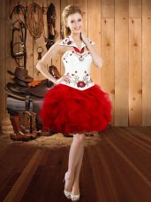Elegant Red Halter Top Neckline Embroidery and Ruffles Sleeveless Lace Up