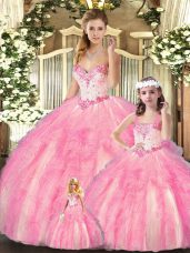 Sweetheart Sleeveless 15th Birthday Dress Floor Length Beading and Ruffles Baby Pink Organza